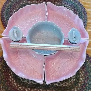 Vintage USA Pottery Mid Century Pink Blue Serveware